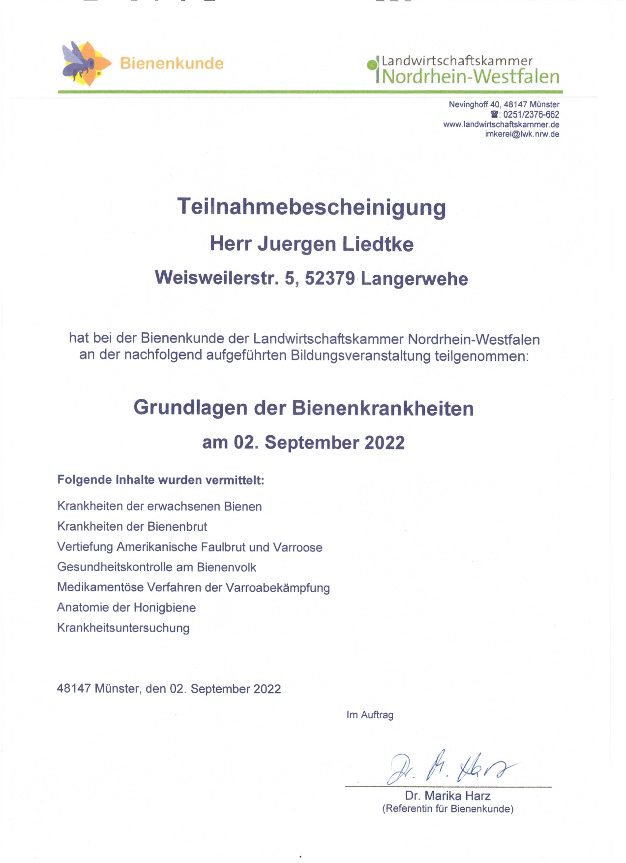 Zertifikat Bienenkrankheiten Jürgen